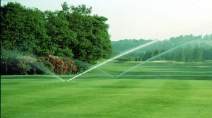 Golf course with sprinklers