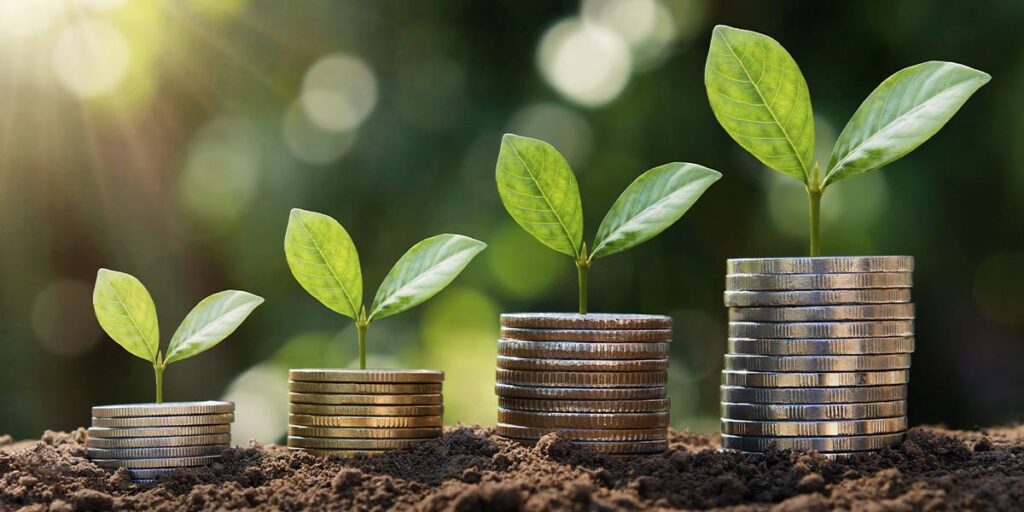 This is a picture symbolizing the economic future of the green industry by showing stacks of quarters with seedlings growing out of them.